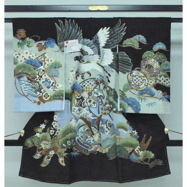 新品　0007　セール！お宮参り　正絹祝い着　男の子用熨斗目　黒/モスグリーン　鷹・宝尽くし柄