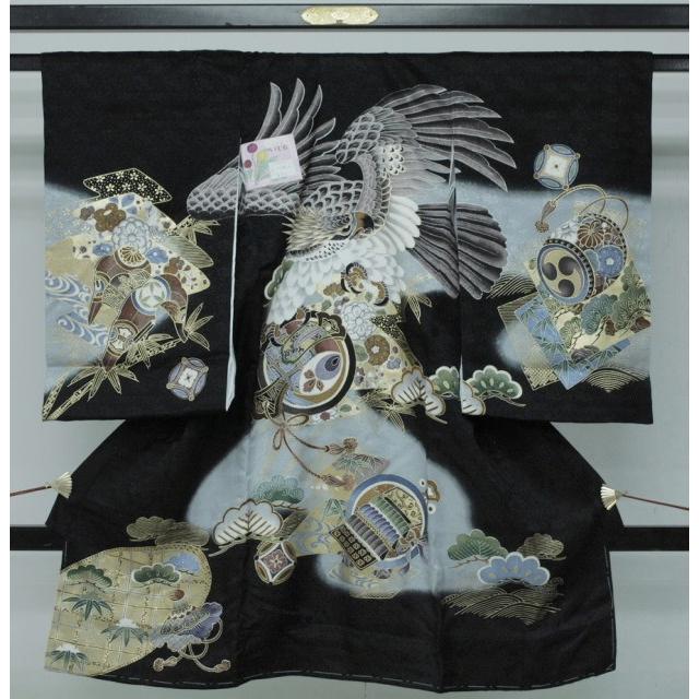 セール！お宮参り　正絹祝い着　男の子用熨斗目　黒/水色　鷹柄008