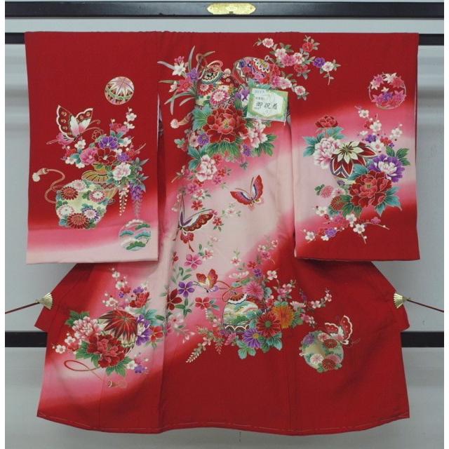 新品　0015　値下げ！お宮参り祝い着　女の子用正絹熨斗目　赤系　花・鈴・蝶柄