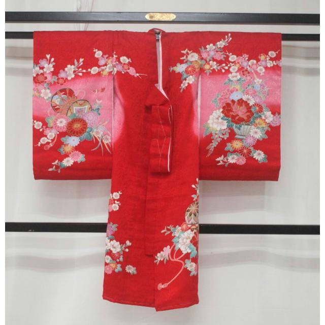 新品 0019 値下げ！お宮参り祝い着 女の子用 正絹熨斗目 赤系 花車