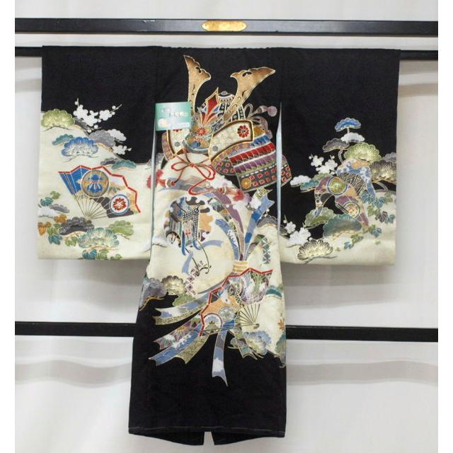 新品 0067 セール！お宮参り 正絹祝い着 男の子用熨斗目 黒地 兜・熨斗 