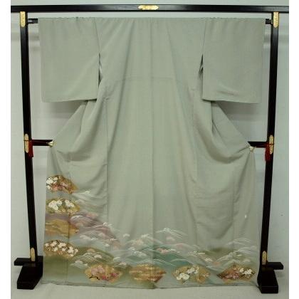 お仕立て上がり 0519 正絹 色留袖 モスグリーン 扇面・波 : きもの 遊 