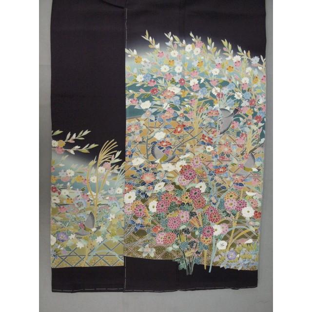 梅乃【123】正絹　黒留袖　フルセット　屏風絵　四季花　花器　金　作家 梅乃【123】正絹 黒留袖 フルセット 屏風絵 四季花 花器 金 作家