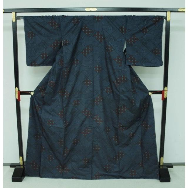 本場大島紬着物　0140　藍色系　花柄　御仕立て上り　