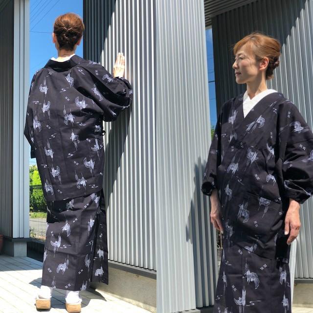 水屋着・女性用・単衣仕立て・かすり柄・エプロン・割烹着・ひっぱり