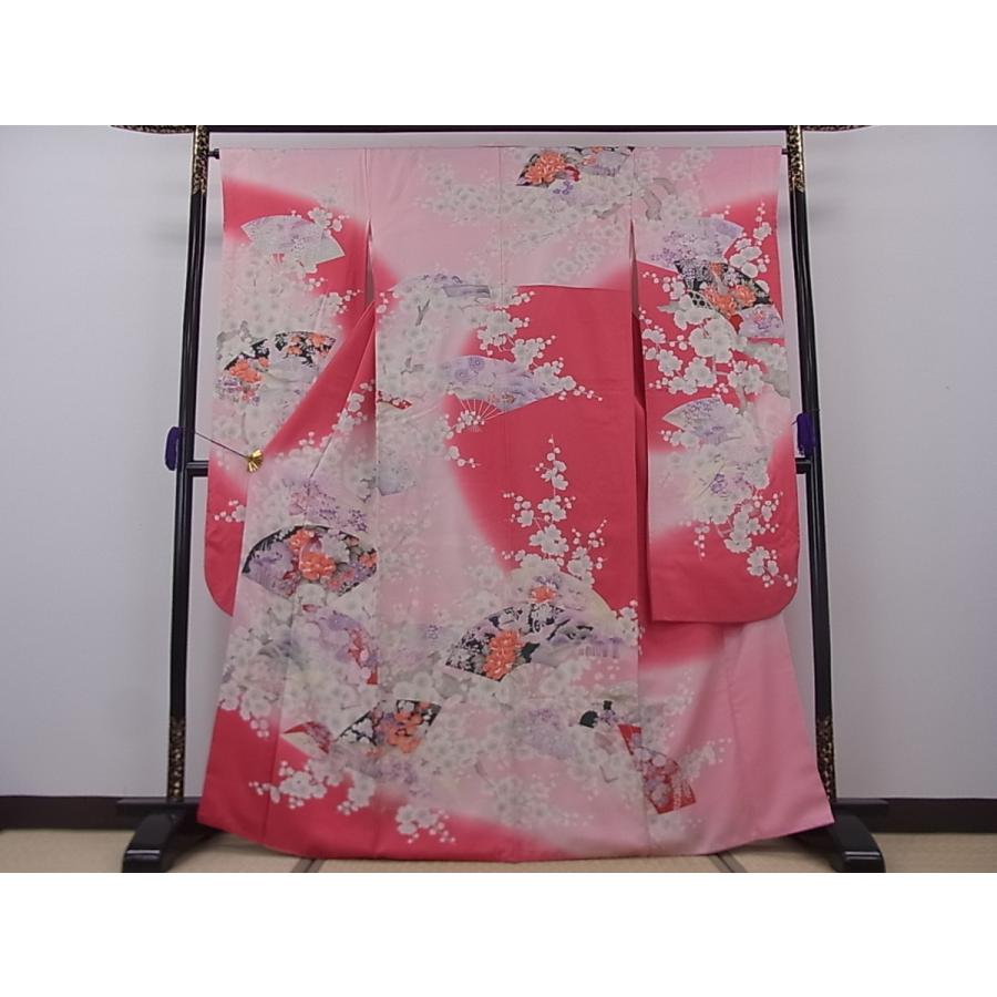 大振袖 正絹 紅色・薄桜色 扇面花鳥文 暈し染め 金彩 袷 身丈166.5cm fuso20★喜香★ :fuso20:リサイクル着物 喜香