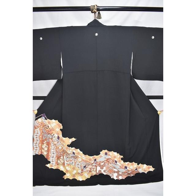 黒留袖 化繊 5つ紋 広衿 風景文 比翼付 身丈148cm 中古 kut19☆喜香