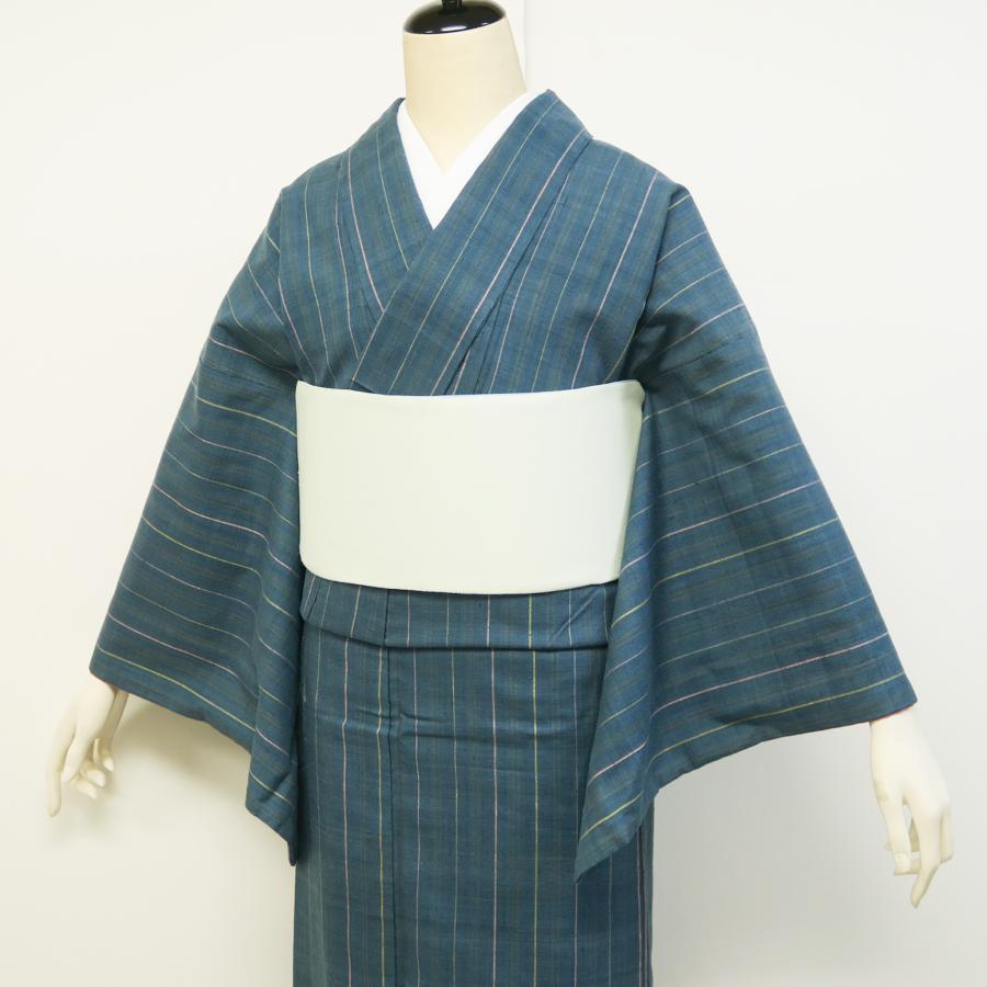 紬 袷 青 細縞 着物 紺 縞 黄 緑 ピンク 正絹 手縫い 中古 L M 紅花 