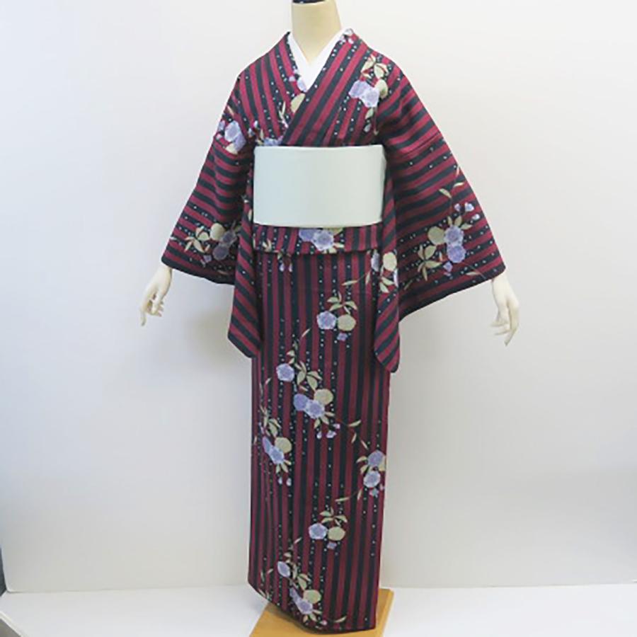 小紋 縞 エンジ 黒 ストライプ 桜 レトロモダン 状態良好 絹 小紋 縞 エンジ 黒 ストライプ 桜 レトロモダン 状態良好 絹