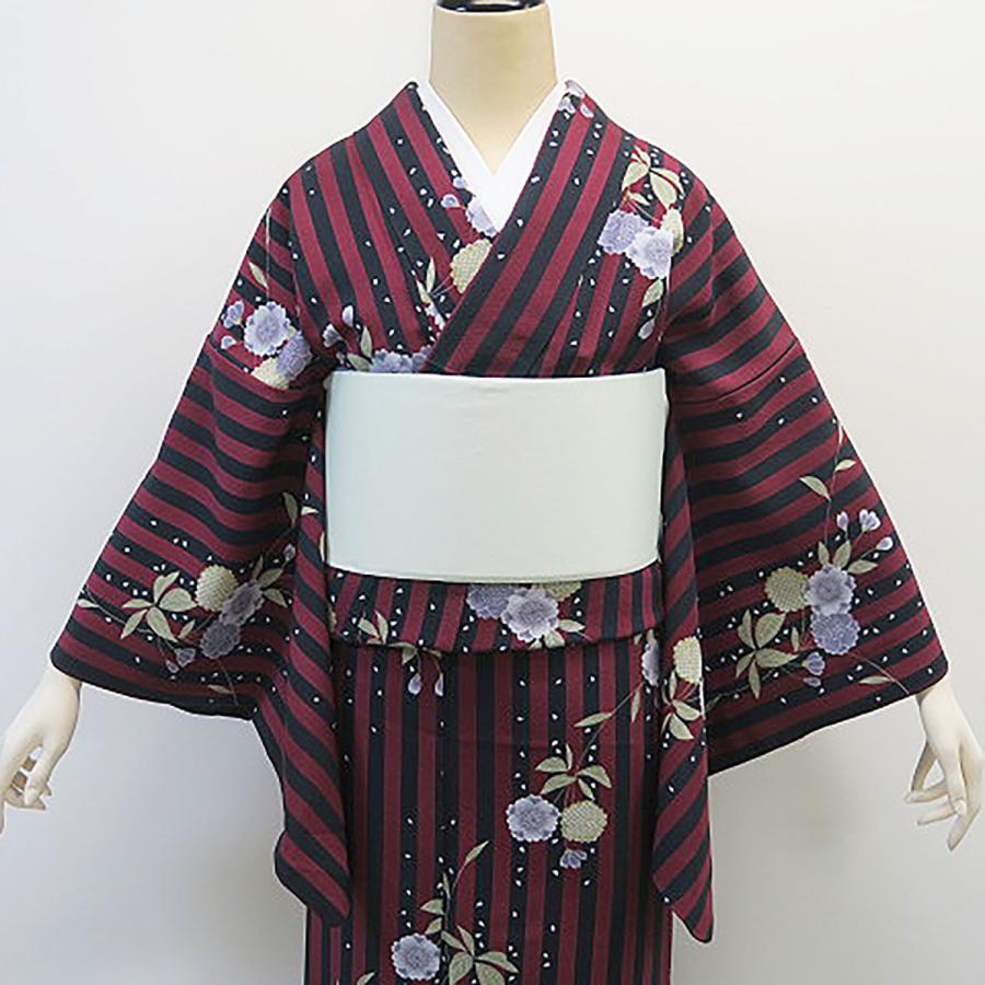 小紋 縞 エンジ 黒 ストライプ 桜 レトロモダン 状態良好 絹 小紋 縞 エンジ 黒 ストライプ 桜 レトロモダン 状態良好 絹