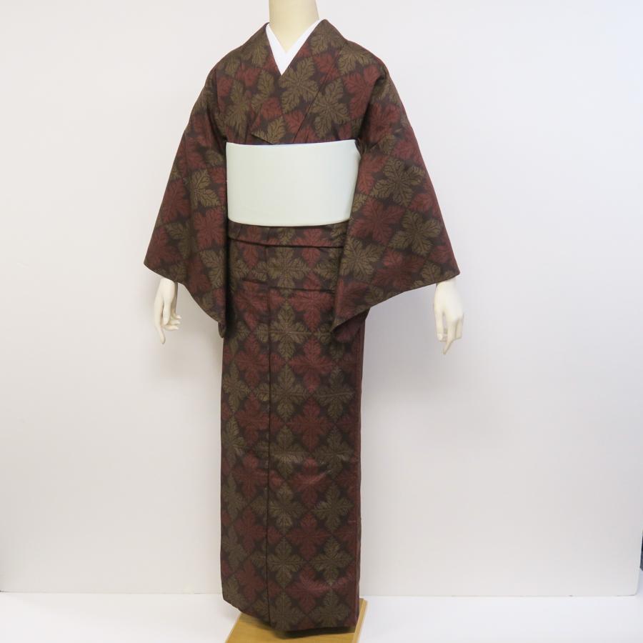 紬 袷 茶色 朱 黄土色 菱文 葉柄 節紬 中古 リサイクル 正絹 絹 手縫い 