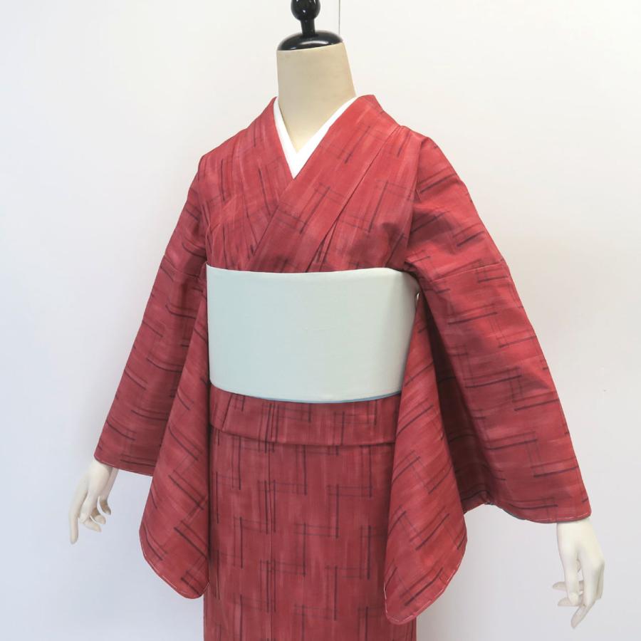 紬 蘇芳色 井桁絣 袷着物 しつけ付 手縫い仕立て 未使用 美品 赤系 