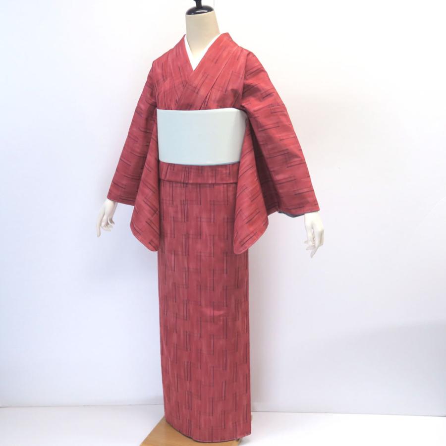 紬 蘇芳色 井桁絣 袷着物 しつけ付 手縫い仕立て 未使用 美品 赤系  