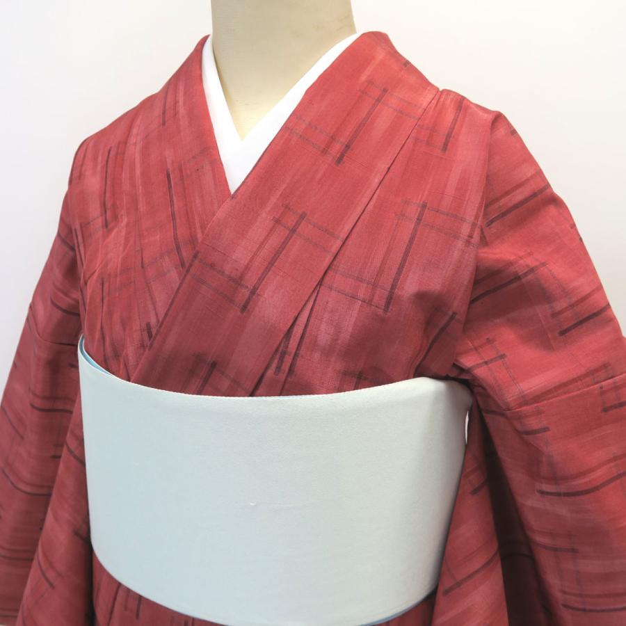 紬 蘇芳色 井桁絣 袷着物 しつけ付 手縫い仕立て 未使用 美品 赤系 