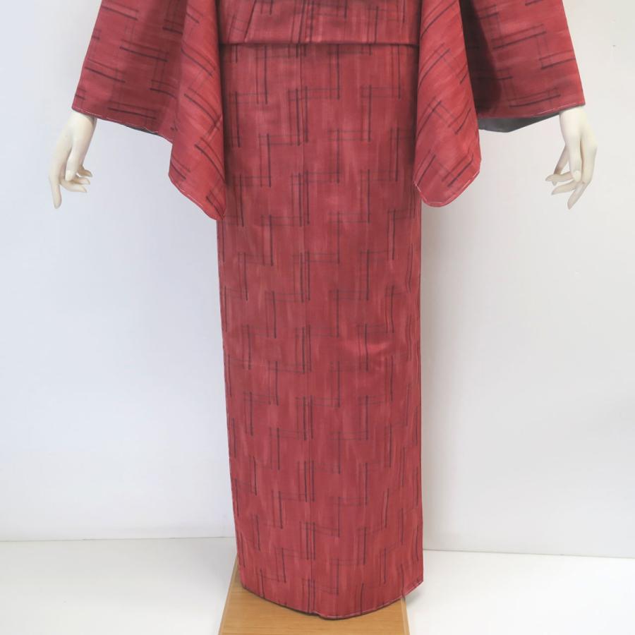 紬 蘇芳色 井桁絣 袷着物 しつけ付 手縫い仕立て 未使用 美品 赤系 