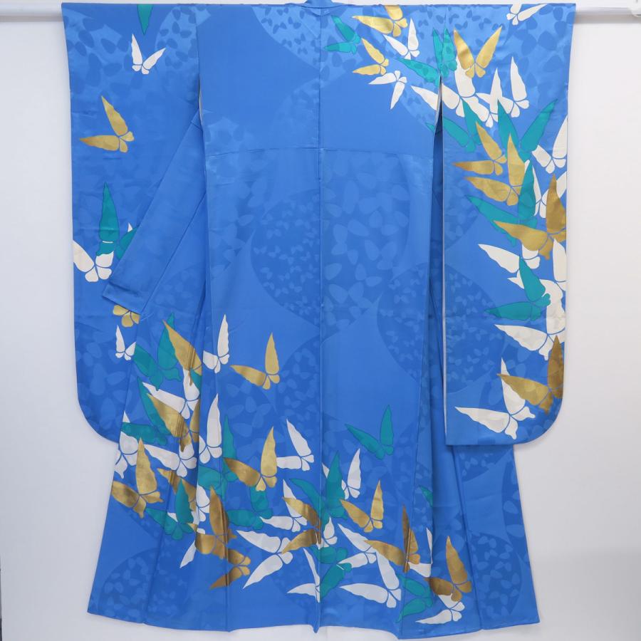 振袖 水色地 蝶柄 グラフィカル 白 エメラルド 金 ゴールド 正絹