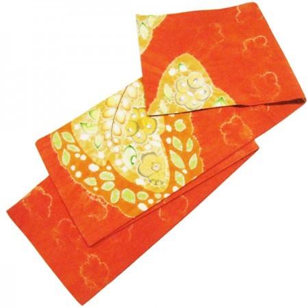 袋帯 朱色地の辻が花模様 お太鼓柄 洒落袋帯 オレンジ 正絹 中古  