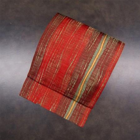 袋帯 こっくり赤の縦よろけ縞 しゃれ袋 中古 両面 絹 レッド 