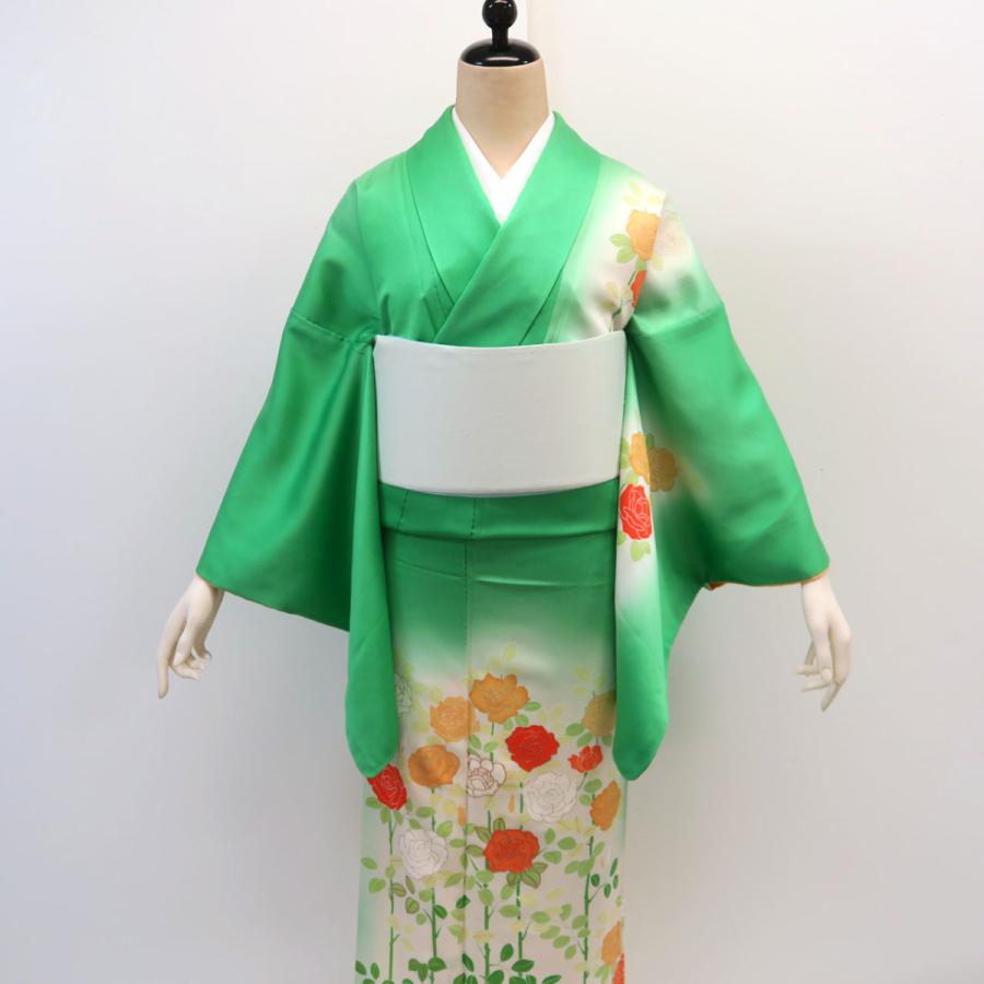 セール 訪問着 明るい緑 バラ レトロ セミアンティーク グリーン 薔薇 