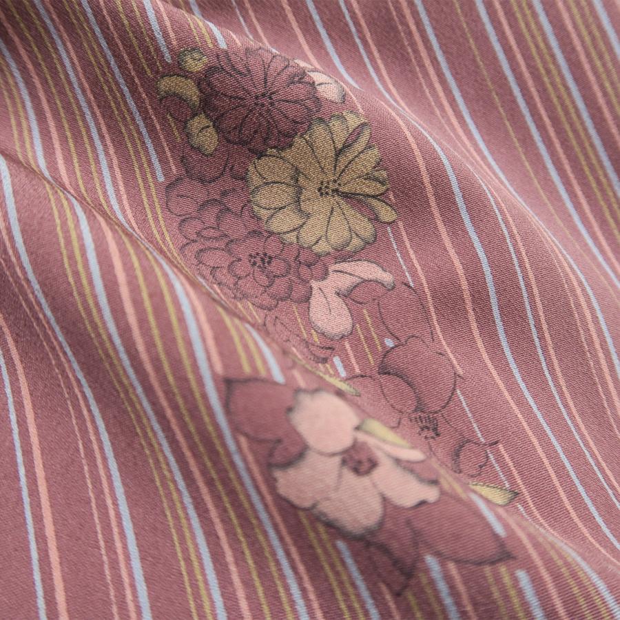 小紋 高級化繊 縞 花柄 子持ち縞 ピンク 薄あずき色 桜 椿 L 中古  