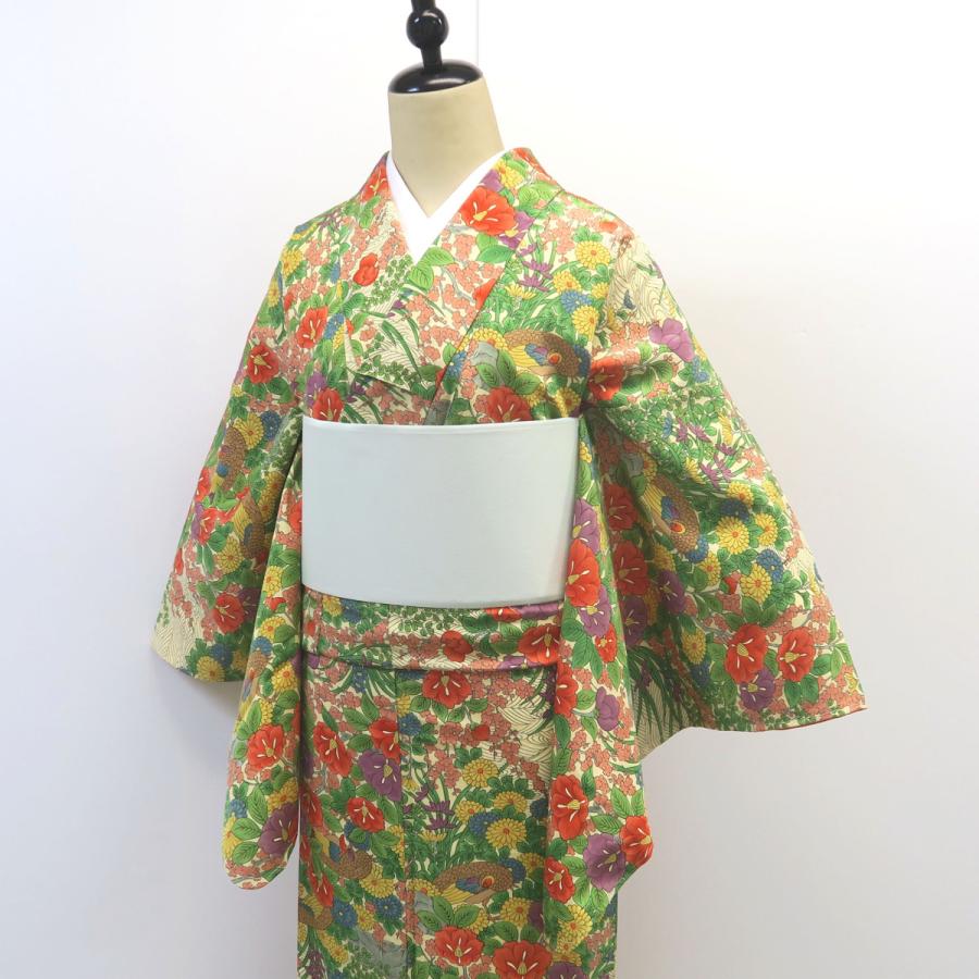 小紋 クリーム地和製リバティのような柄 しつけ付 美品 総柄 花 四季 
