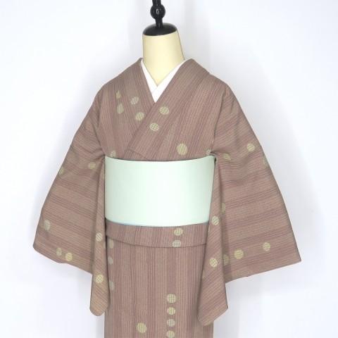 小紋 ベージュ地に丸文 正絹 縞 はんなり 茶系 シルク 美品 中古 