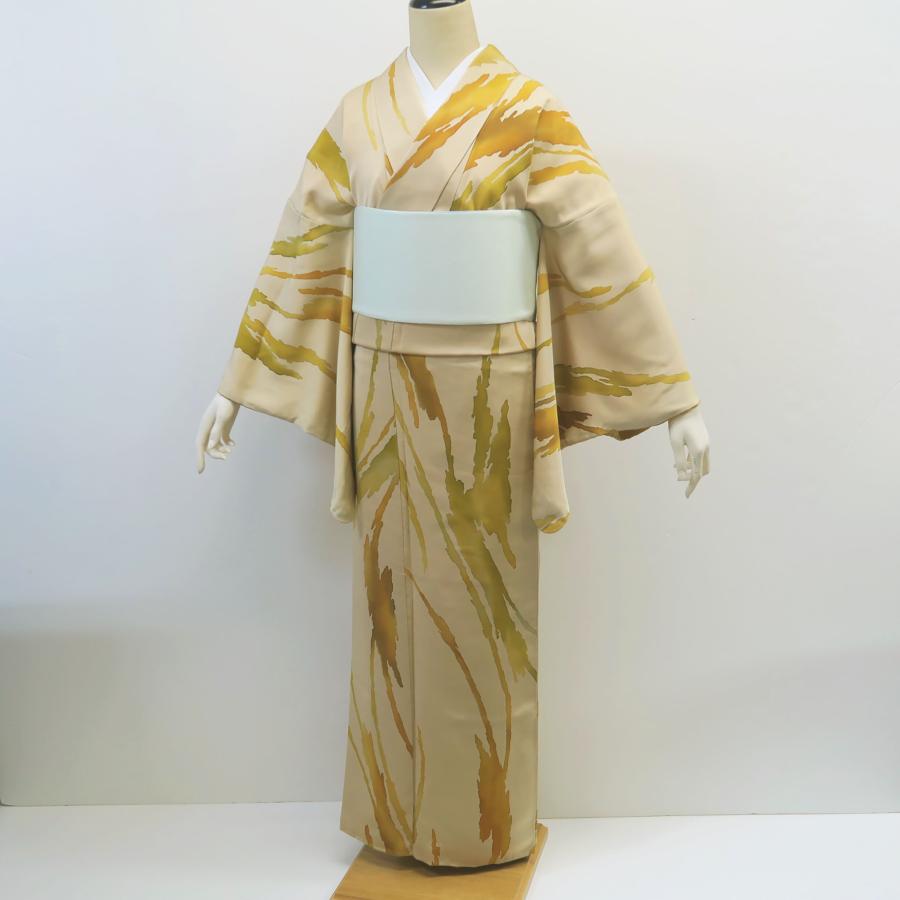 小紋 ベージュ地 手描き 抽象柄 黄土色 うぐいす色 肌色 正絹 絹 中古 