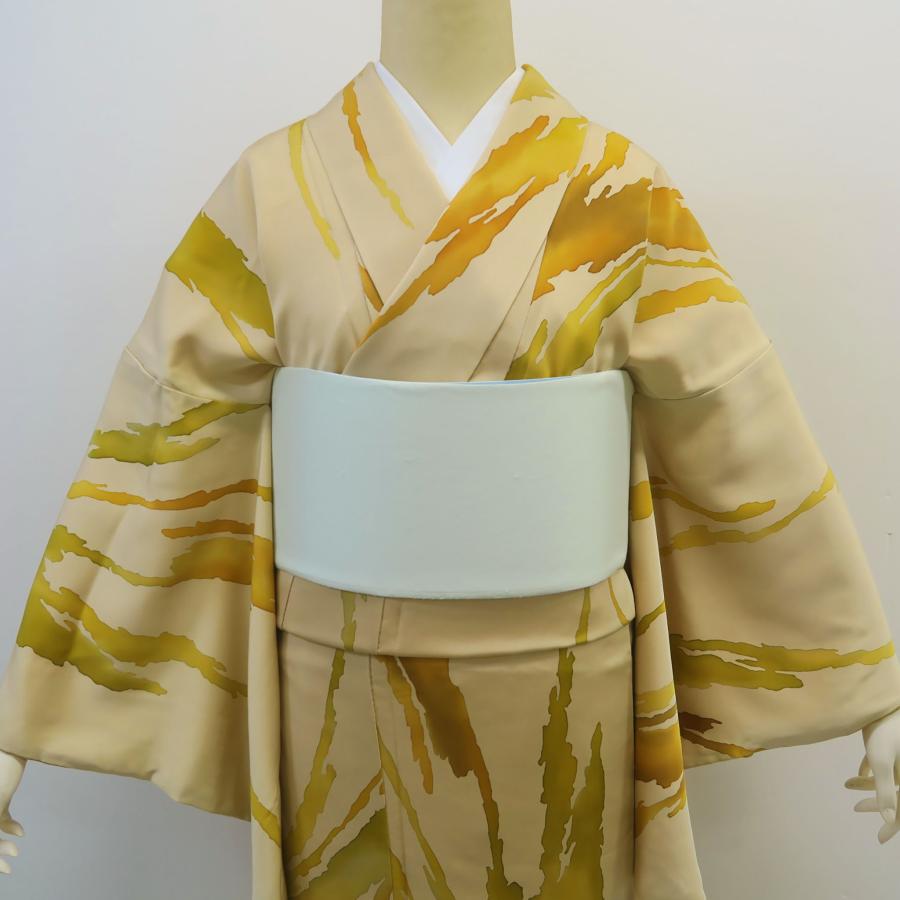 小紋 ベージュ地 手描き 抽象柄 黄土色 うぐいす色 肌色 正絹 絹 中古 