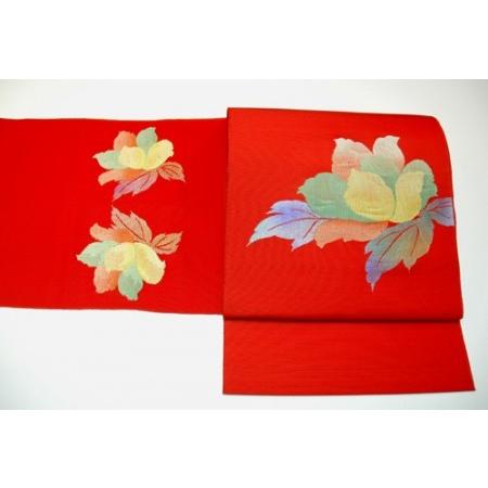 名古屋帯 朱赤地に黄色い花柄の綴れ帯 正絹 名古屋帯 中古 : n1311p  