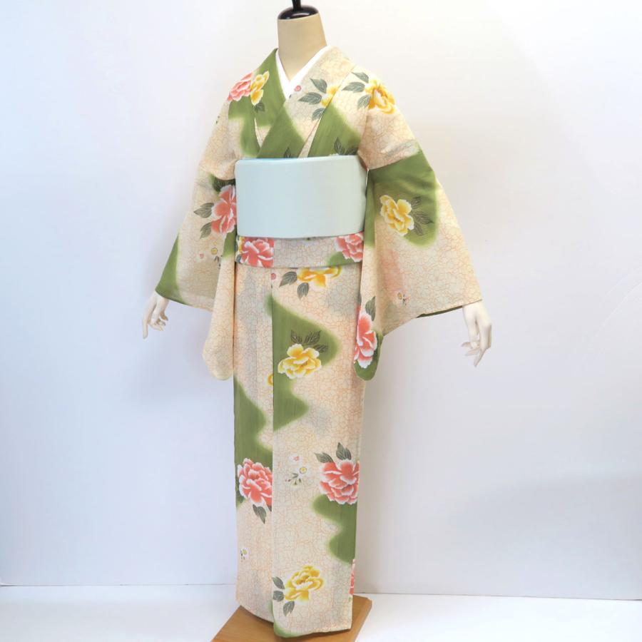 夏着物 洗える着物 高級化繊 クリーム色地 抹茶色ぼかし 牡丹 楊柳  