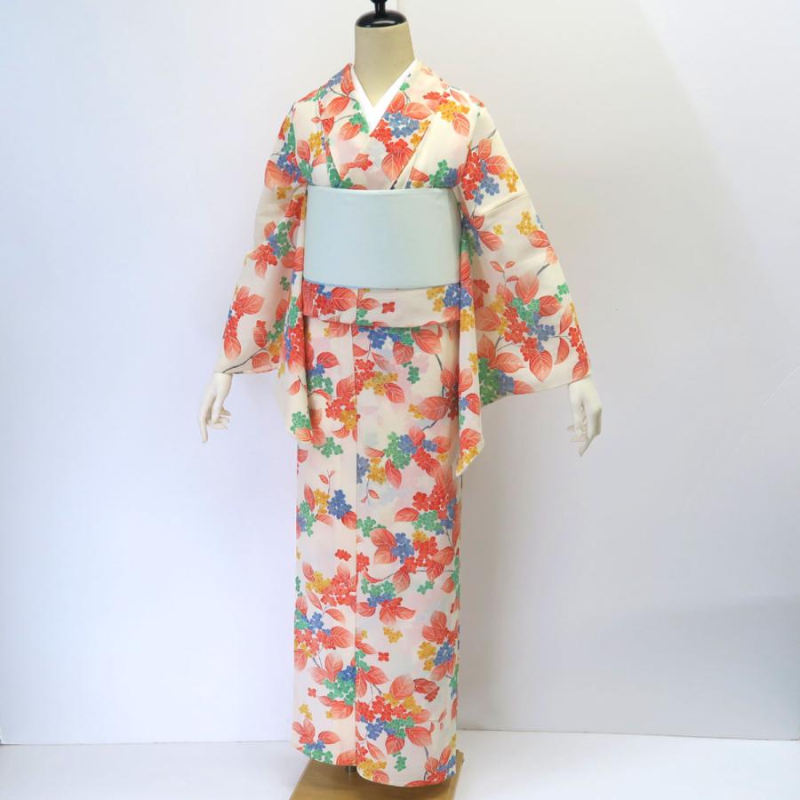 夏小紋 絽小紋 生成り地に紫陽花 白地 アジサイ 正絹 薄物 手縫い  