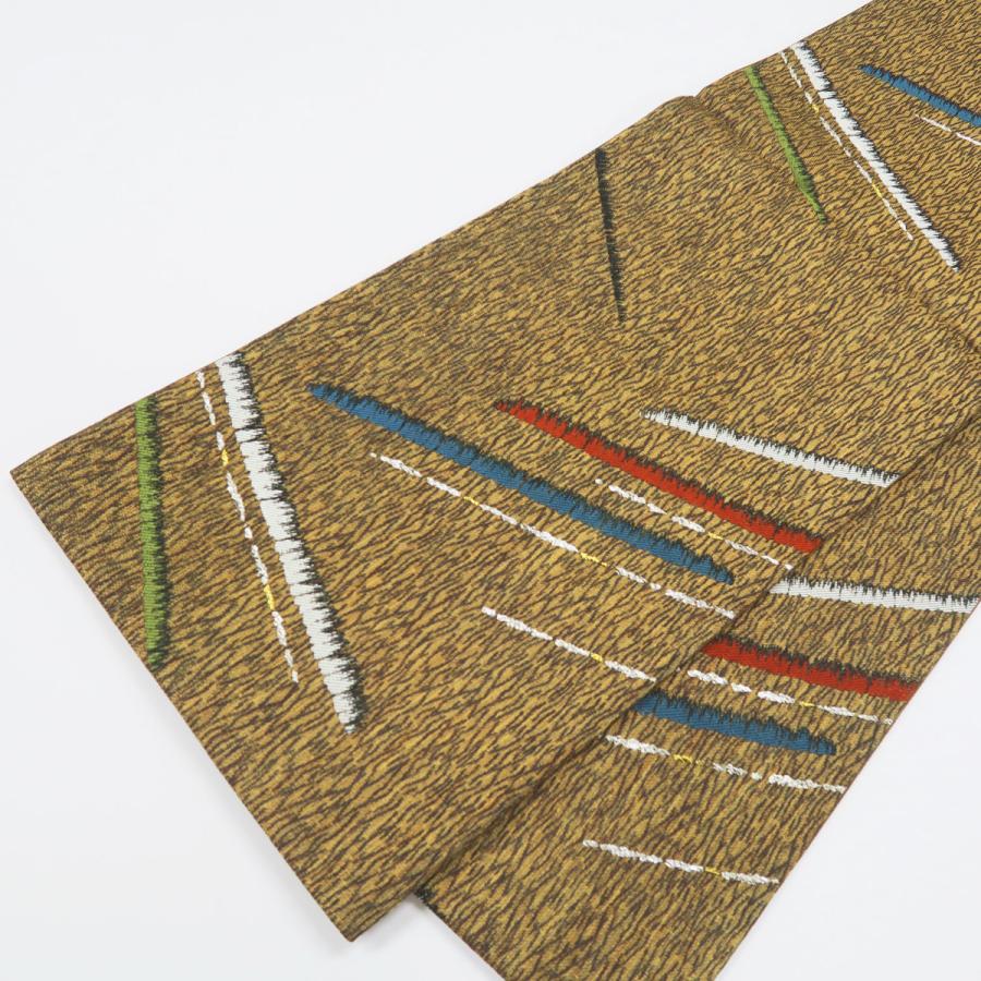未使用品】洒落袋帯 紗 モダン曲線文 オフホワイト 黄緑 盛夏用 正絹 