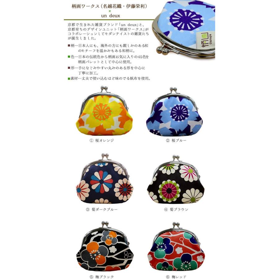 帆布 がまぐち コインケース3.3寸 柄画ワークス×un deux 全6種 桜オレンジ 菊ブラウン 梅レッド