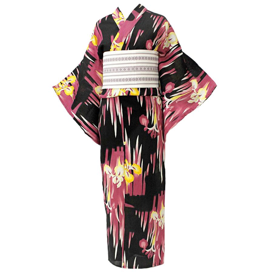 日本産 浴衣 レディース フリーサイズ 単品 赤紫 赤 紫 黒 ブラック 菖蒲 しょうぶ 葉 綿麻 和柄 レトロ シック 夏祭り 花火大会 かっこいい シンプル No 11 0104t Moe Gov Np