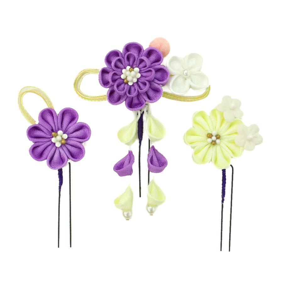 髪飾り 成人式 水引 つまみ細工 振袖 袴 花 3点セット 紫 白 ピンク  