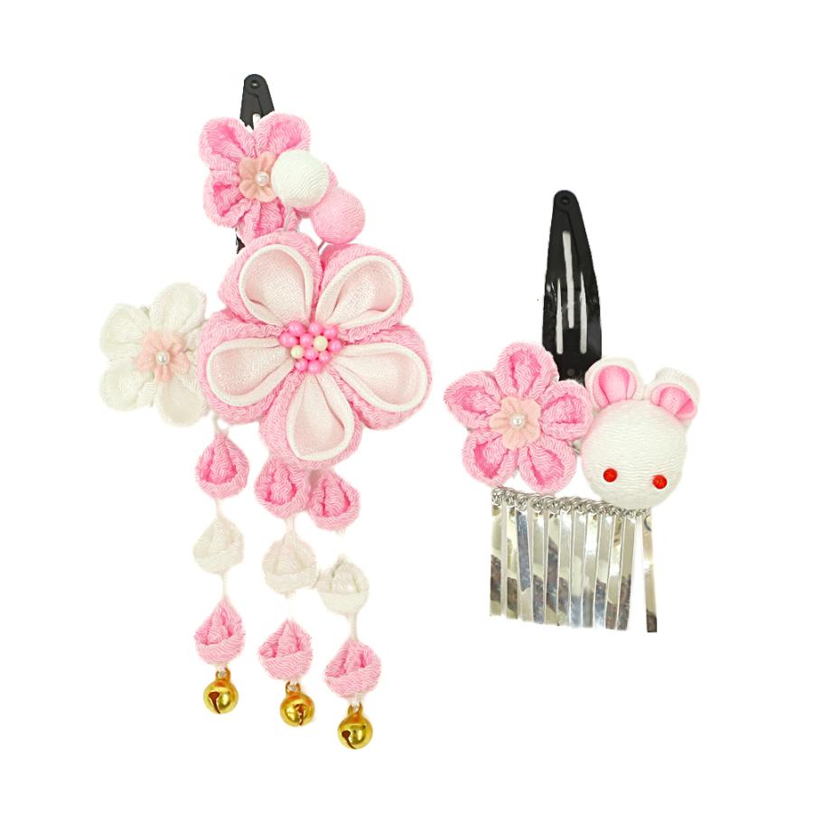 七五三 髪飾り 三歳 七歳 日本髪 つまみ細工 赤 花 2個セット 蝶 蝶々