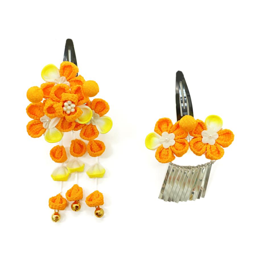 七五三 髪飾り 三歳 七歳 日本髪 つまみ細工 花 2点セット 黄色 橙色
