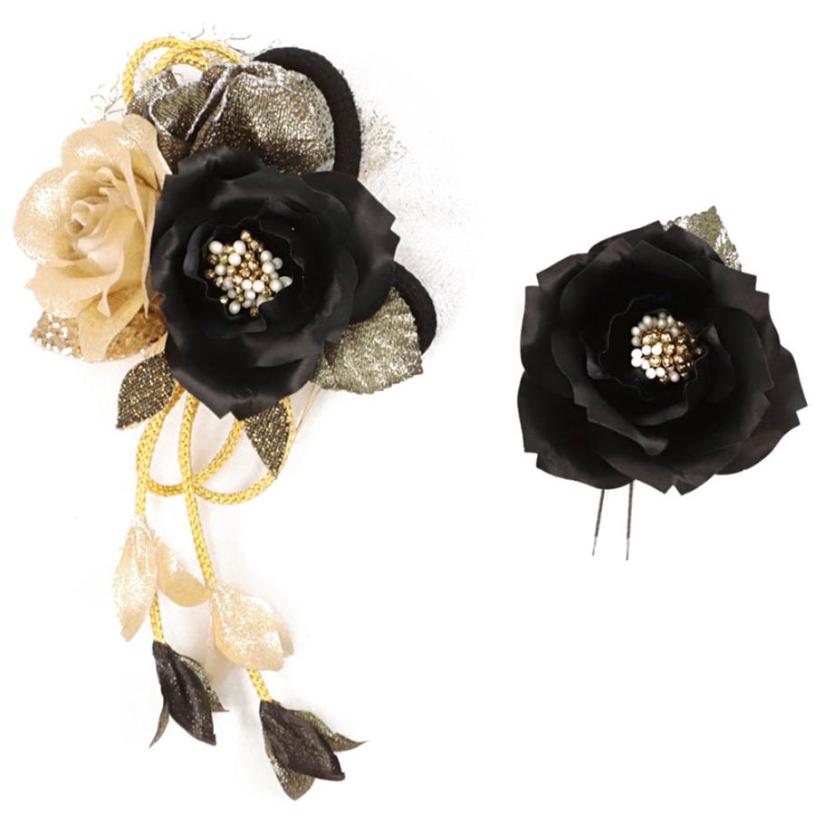 髪飾り 成人式 振袖 前撮り 袴 2点セット 花 薔薇 シャンパンゴールド 黒 ブラック 金 造 和装 着物 髪型 ヘアスタイル ヘアアレンジ ドライフラワー No 12 0235 12 0235 六華ricca 通販 Yahoo ショッピング