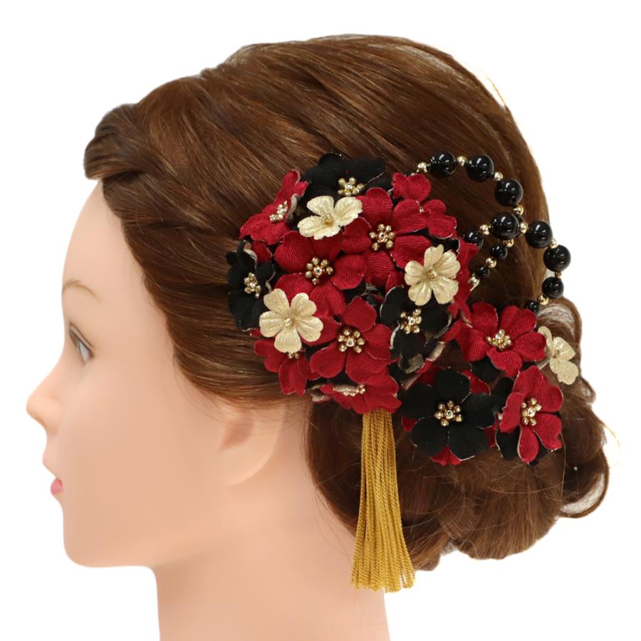 髪飾り 成人式 振袖 前撮り 袴 4点セット 花 赤 黒 ブラック シャンパンゴールド 金 ちり 和装 着物 髪型 ヘアスタイル ヘアアレンジ ドライフラワー No 12 0292 12 0292 六華ricca 通販 Yahoo ショッピング