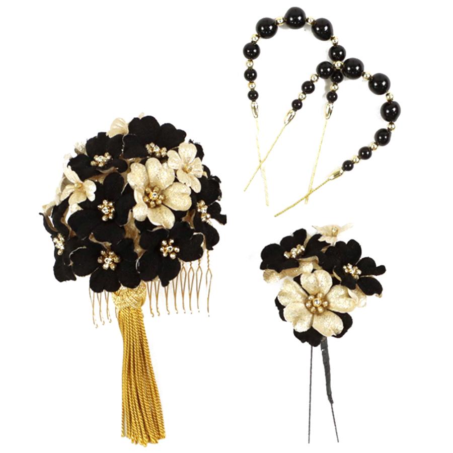 髪飾り 成人式 振袖 前撮り 袴 4点セット 花 黒 ブラック シャンパンゴールド 金 ちりめ 和装 着物 髪型 ヘアスタイル ヘアアレンジ ドライフラワー No 12 0293 12 0293 六華ricca 通販 Yahoo ショッピング