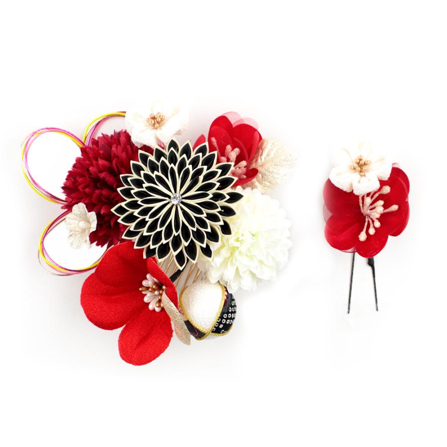 髪飾り 成人式 水引 つまみ細工 赤 振袖 袴 花 2点セット 白 黒