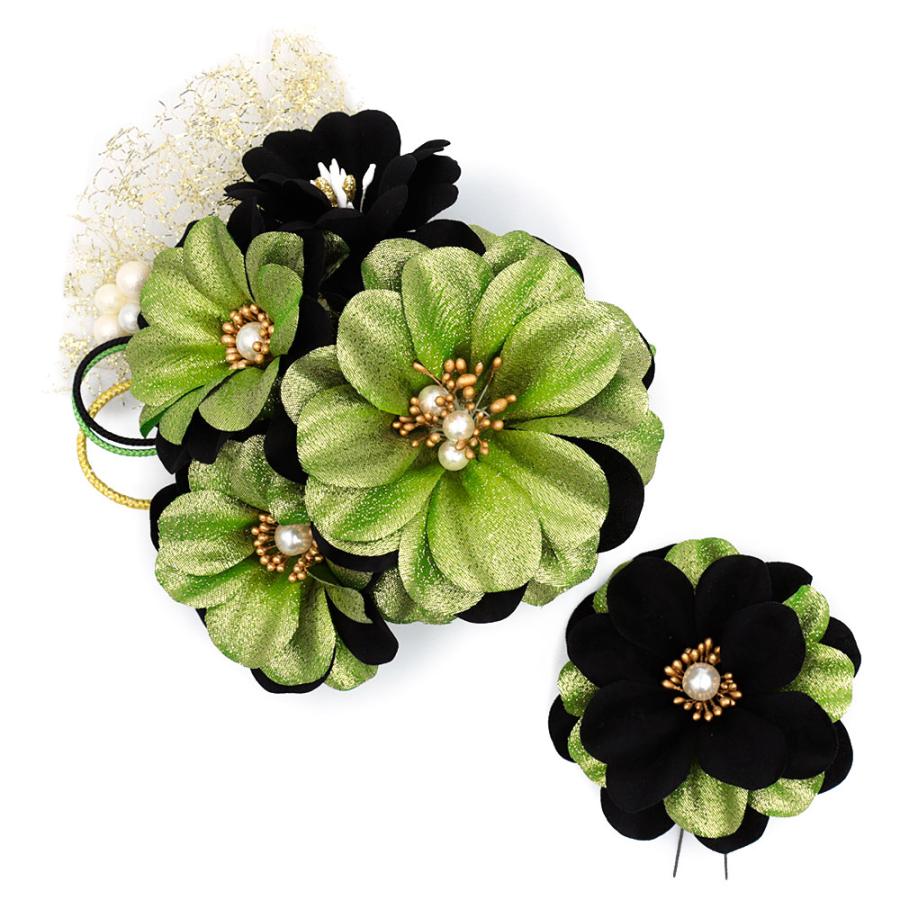 髪飾り 成人式 振袖 袴 2点セット 花 緑 グリーン ラメ 黒 ベロア調