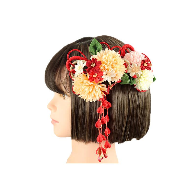 髪飾り 成人式 振袖 袴 花 2点セット 菊 赤 黄色 橙色 ゴールド