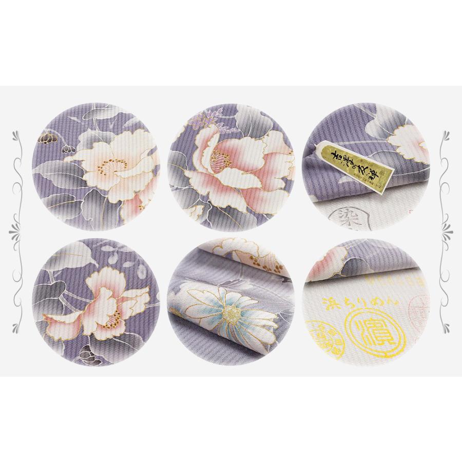 訪問着 吉澤友禅 十日町友禅 正絹 灰藤色 椿 菊 縞 本加工友禅b1196 訪問着 吉澤友禅 正絹 未仕立て 着物 反物 礼装用 フォーマル 灰藤色