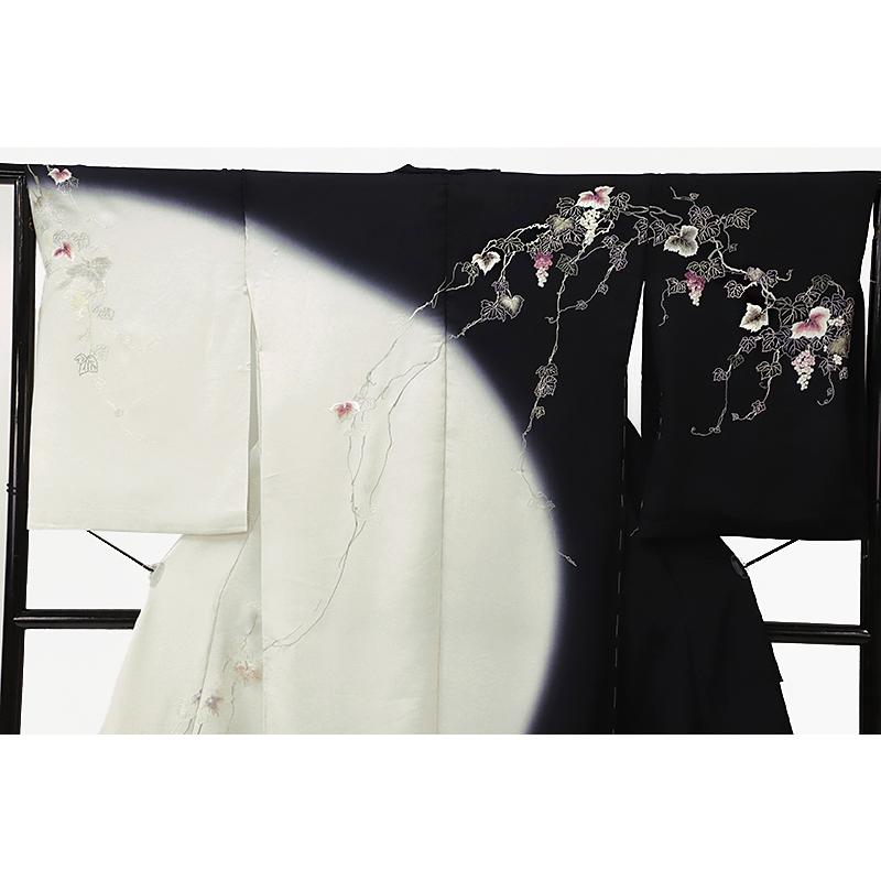 訪問着 黒地 手刺繍 正絹 じゅらく 未仕立て 仮絵羽 フォーマル 礼装用 