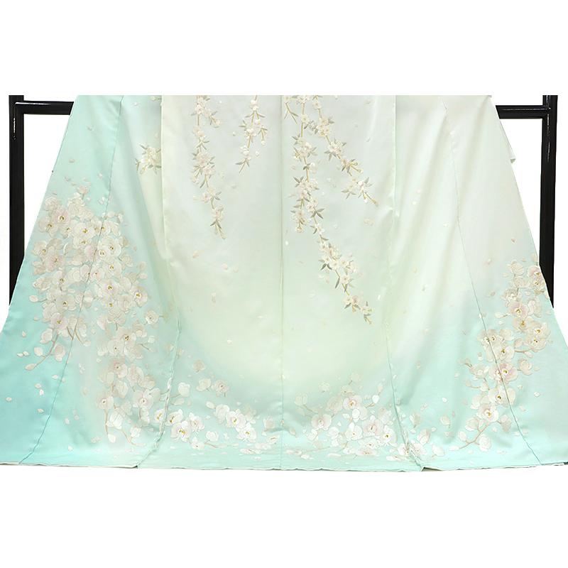 訪問着 手刺繍 正絹 水色 桜 未仕立て 仮絵羽 フォーマル 礼装用 着物