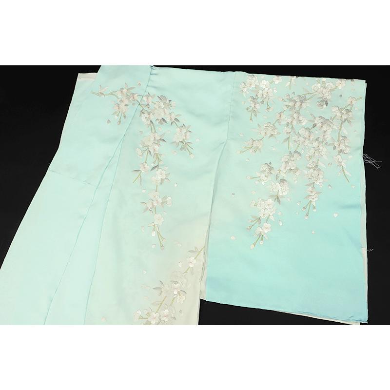 訪問着 手刺繍 正絹 水色 桜 未仕立て 仮絵羽 フォーマル 礼装用 着物 