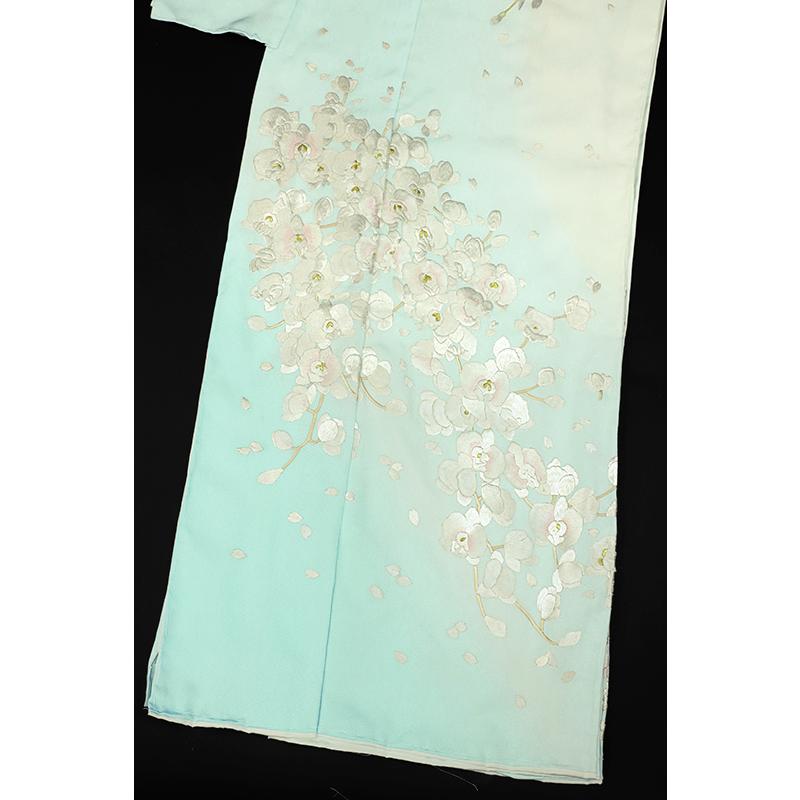 訪問着 手刺繍 正絹 水色 桜 未仕立て 仮絵羽 フォーマル 礼装用 着物