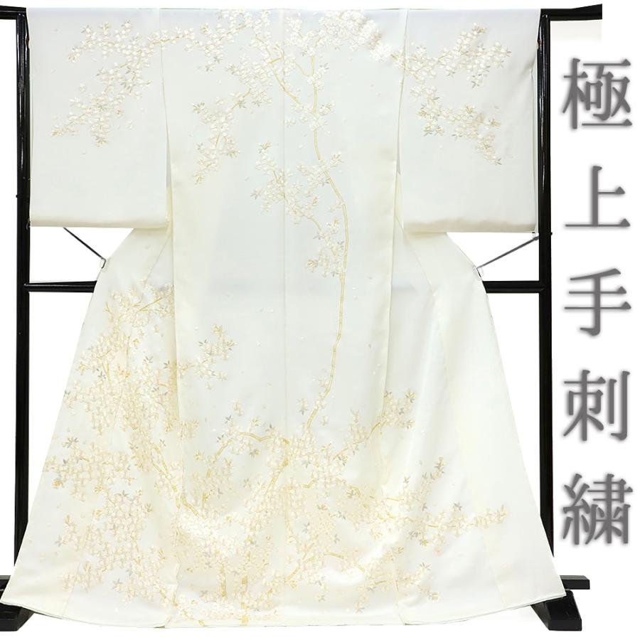 訪問着 手刺繍 総刺繍 正絹 白地 桜 未仕立て 仮絵羽 着物 反物 訪問着 手刺繍 総刺繍 正絹 白地 桜 未仕立て 仮絵羽 着物 反物