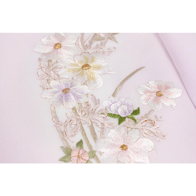手刺繍着物友禅牡丹桜菊アヤメキキョウ花正絹縮緬青 - 訪問着・付け下げ